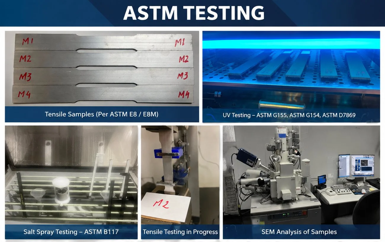 ASTM testing services at CMH Metlabs: tensile samples per ASTM E8/E8M, UV testing per ASTM G155/G154/D7869, salt spray testing per ASTM B117, tensile testing in progress, and SEM a.final-cta-buttonsnalysis of samples